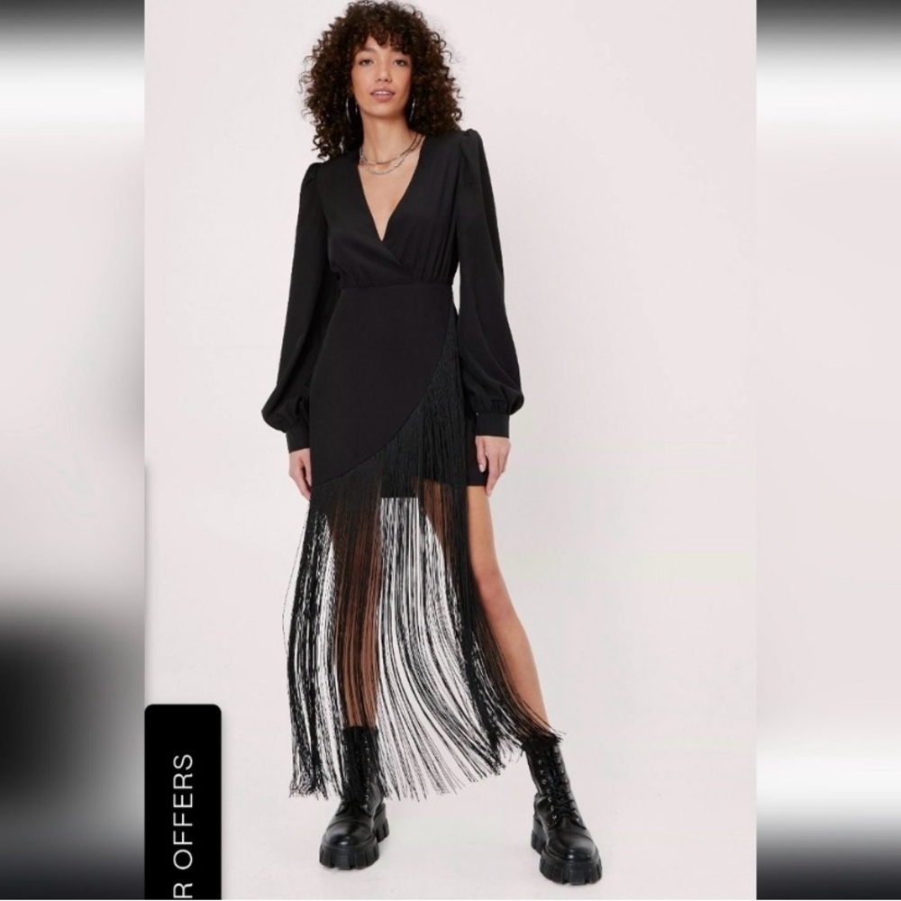 Nasty Gal Black Long-Sleeve Fringe High-Low Wrap Dress